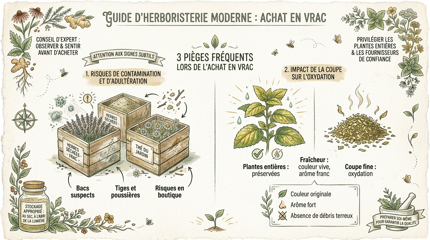 Examen visuel de plantes séchées en vrac dans une herboristerie