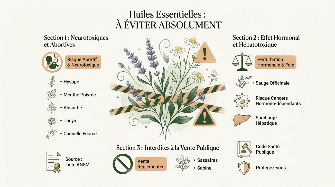 Flacons d'huiles essentielles interdites durant la grossesse avec signalétique de danger