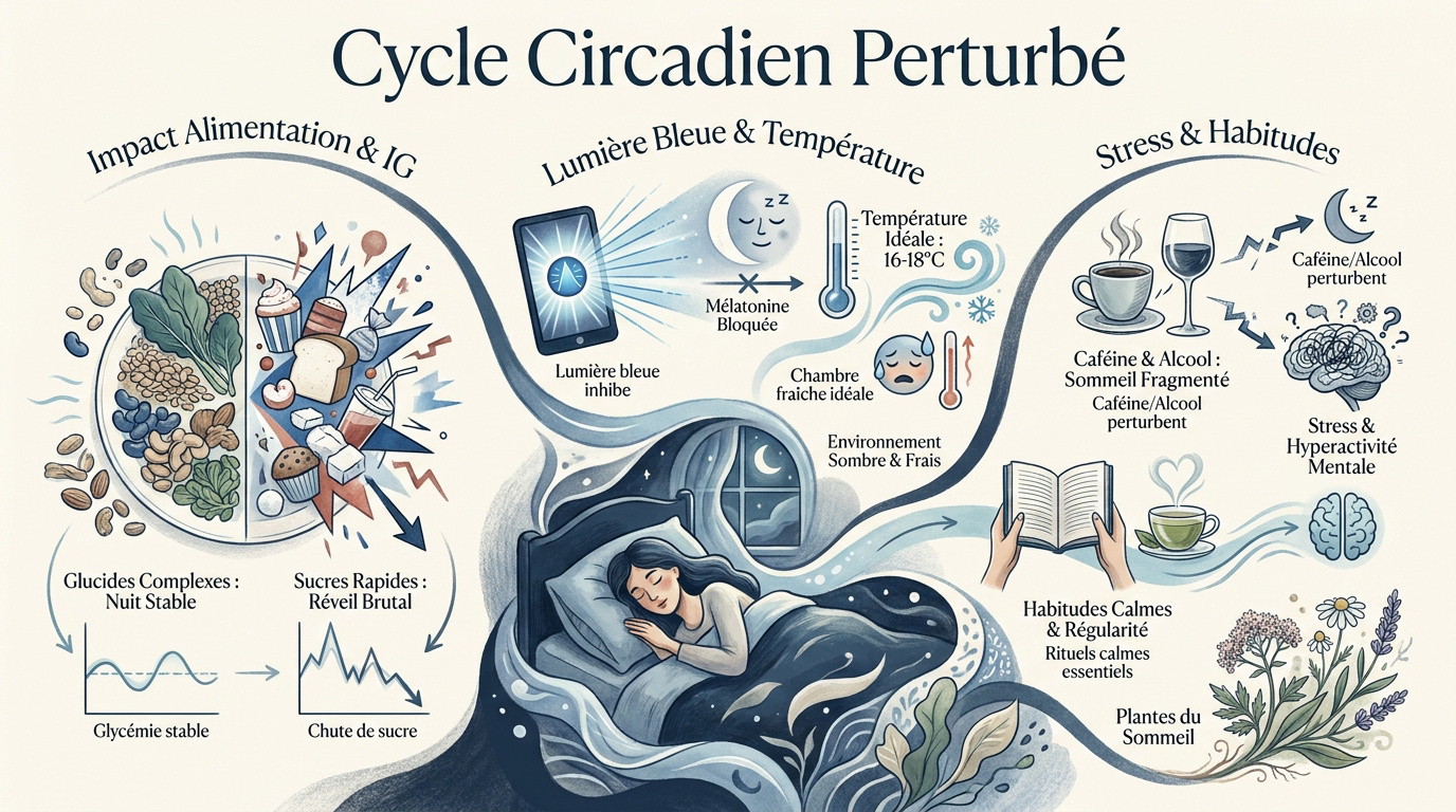 Infographie expliquant les perturbations du cycle circadien et l'impact sur le sommeil nocturne