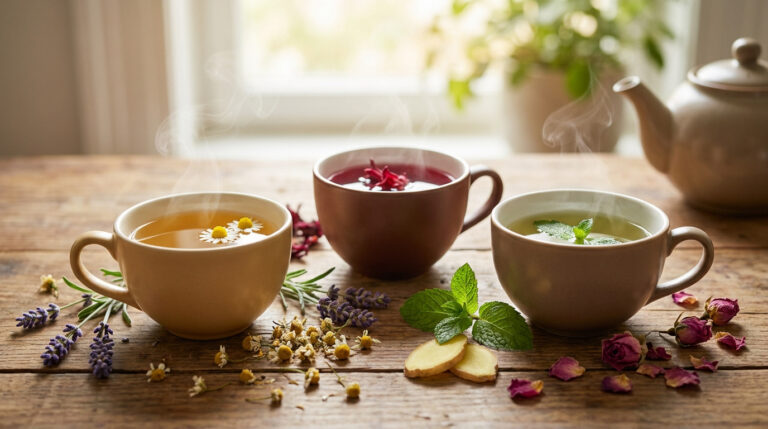 Trois tasses de tisanes fumantes entourées de fleurs séchées, de menthe et de gingembre sur une table en bois.