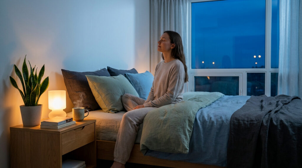Une femme assise en tailleur sur son lit, les yeux fermés, dans une chambre apaisante le soir.