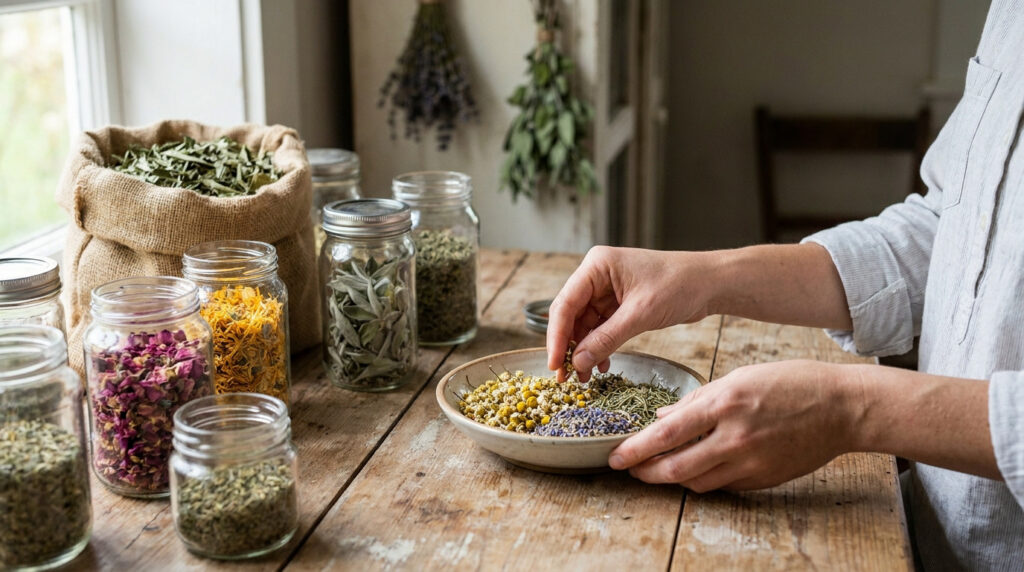 Mains préparant un mélange de fleurs et plantes séchées dans un bol, entourées de bocaux en verre sur une table en bois.