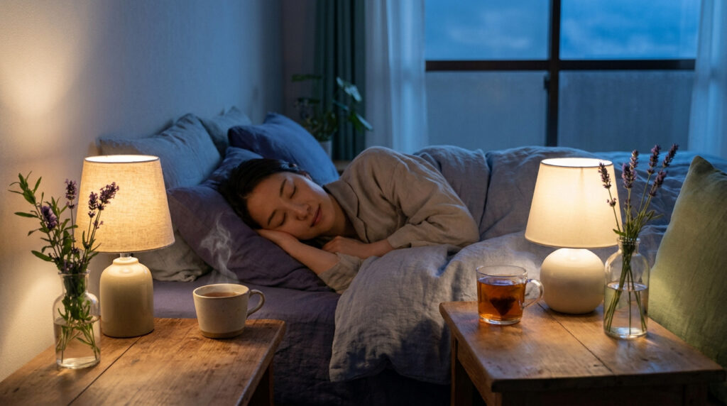 Une femme dort paisiblement dans un lit avec des tables de nuit, des lampes et des tasses de tisane.
